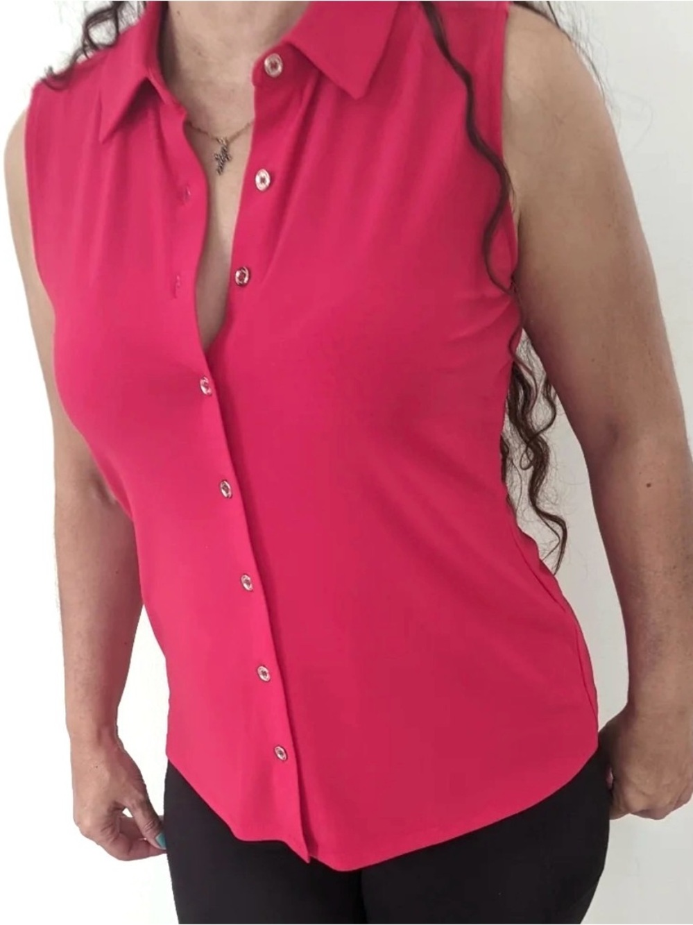 NWT Tommy Hilfiger Women's Classic Collared Button Front Sleeveless Top Pink XS
